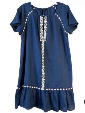 Madewell Navy Floral-Embroidered Ruffle Hem Dress